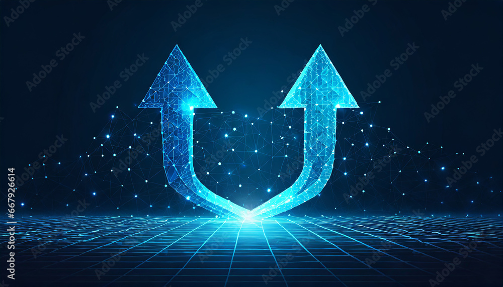 Poster abstract digital two arrows up and down on technology dark blue background. exchange and transfer co