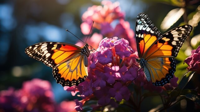 Delicate butterflies gracefully resting on vibrant, colorful flowers