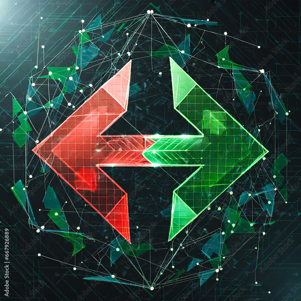 Poster abstract digital two left-right arrows with green and red color shapes in futuristic low poly style 