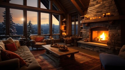 Cozy cabins with roaring fireplaces nestled in icy mountains - obrazy, fototapety, plakaty