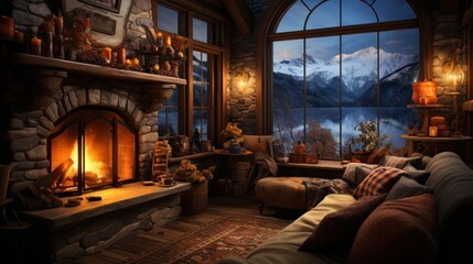 Cozy cabins with roaring fireplaces nestled in icy mountains