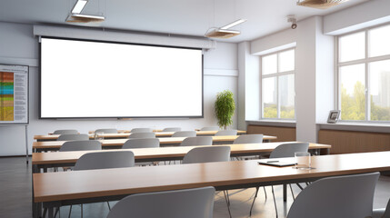 Modern classrooms equipped with interactive whiteboards on walls