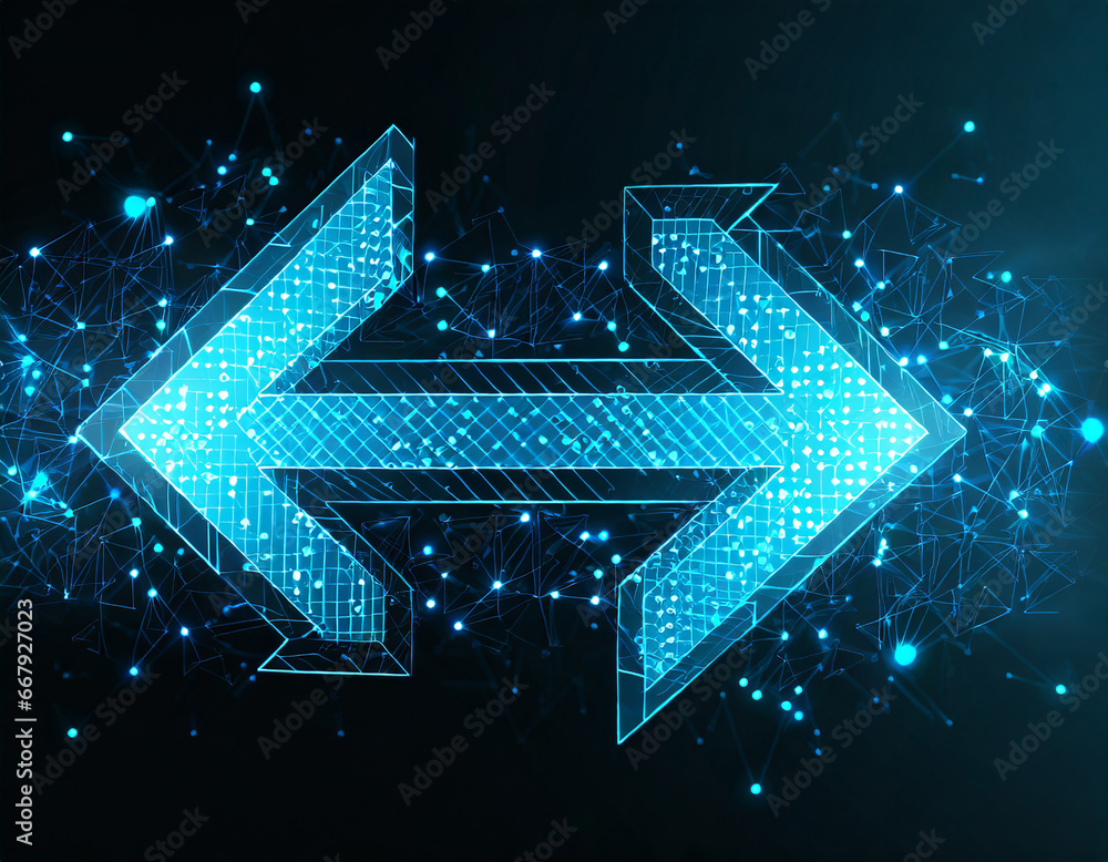 Poster abstract digital two left-right arrows within futuristic low poly style on a technology dark backgro
