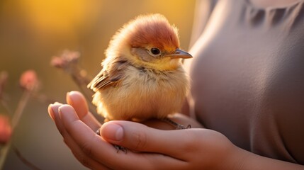 Gently cradling a small, fragile bird in safe hands