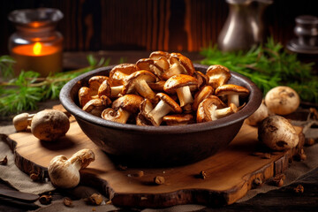 Fototapeta premium Roasted mushrooms onn wooden desk, Generative AI
