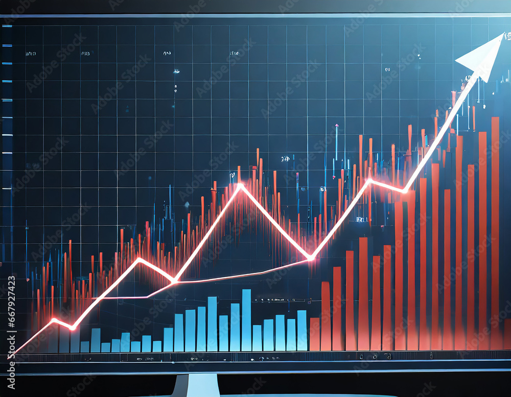 Poster abstract growing graph chart on a computer monitor screen. finance growth. digital arrows up and dia