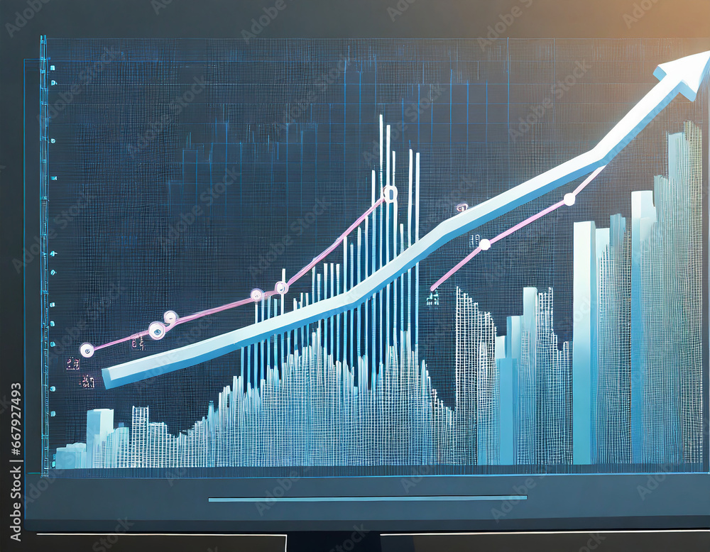Poster abstract growing graph chart on a computer monitor screen. finance growth. digital arrows up and dia