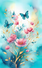 Fototapeta na wymiar watercolor llustration of a landscape of blossoms, flower, branches, dragonflies and butterflies with a sky background