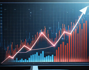 Abstract growing graph chart on a computer monitor screen. Finance growth. Digital arrows up and diagram. Investment or business strategy