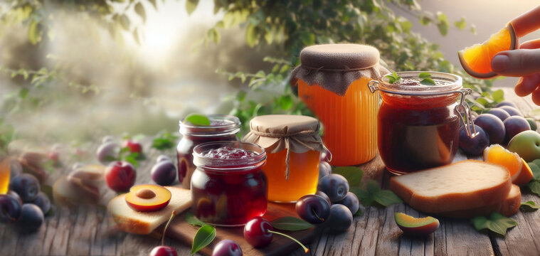 bodeg&oacute;n de mermelada de frutas y frutas frescas en tabla r&uacute;stica