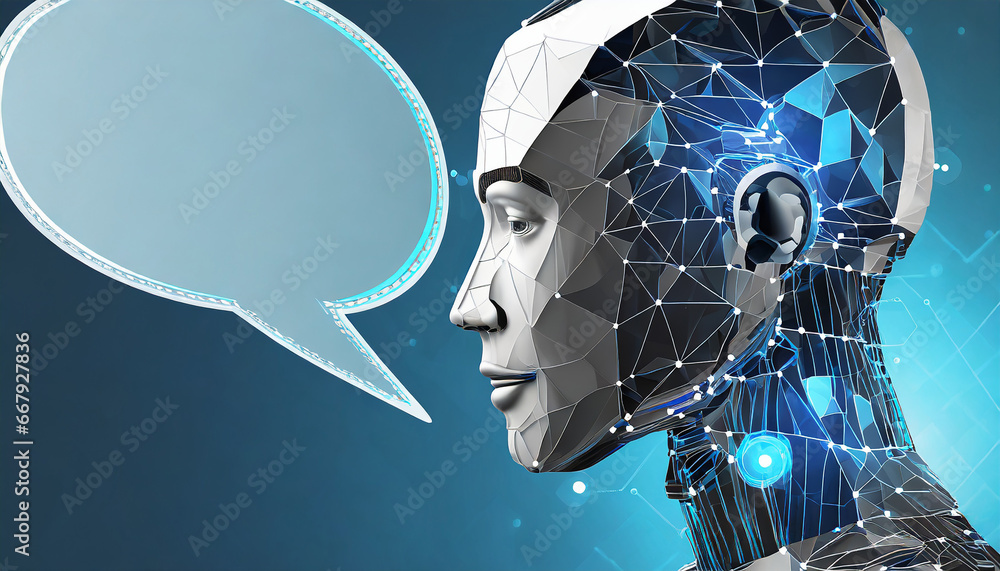 Poster abstract head of the humanoid robot android with talk bubble speech in futuristic low poly wireframe