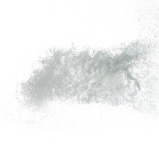 Photo image of falling down snow, heavy big small size snows. Freeze shot on white background isolated overlay. Fluffy White snowflakes splash cloud in mid air. Real Snow throwing