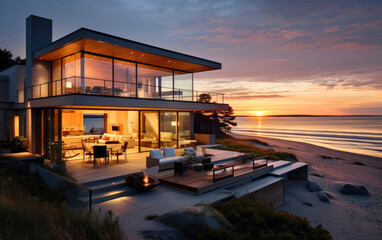 Scandinavian style modern house on the ocean beach - obrazy, fototapety, plakaty