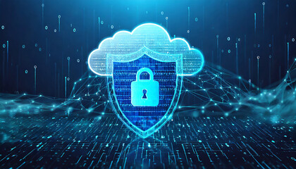 Abstract security shield and glowing blue cloud with binary code in low poly wireframe style. Database security concept on technology background. Futuristic polygonal hologram