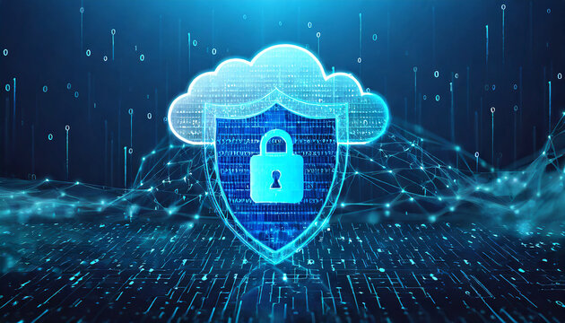 Abstract security shield and glowing blue cloud with binary code in low poly wireframe style. Database security concept on technology background. Futuristic polygonal hologram