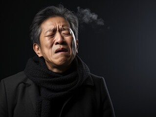 Fototapeta premium An older man, appearing distressed, exhales a cloud of mist against a dark backdrop, wearing a black coat and scarf, cold season, sneezing
