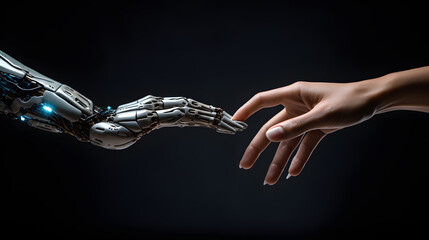 A female hand and a cyborg hand with exposed cables, on the verge of connecting. A human-machine moment, a fusion of touch and technology. Artificial anatomy. Created using Generative AI technology