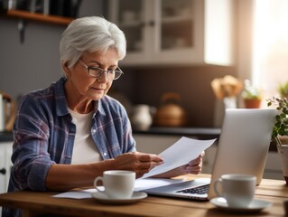 An elderly woman with white hair, wearing glasses, attentively reads a paper in a cozy kitchen setting with a laptop beside her.