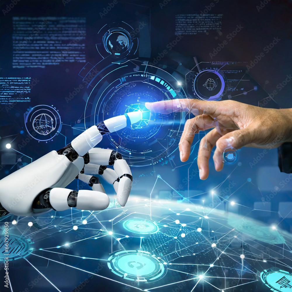 Poster ai, machine learning, hand of robot touching on big data network, revolution of ai, data exchange, d