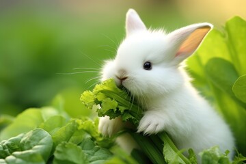 A fluffy white rabbit nibbling on vibrant greens.