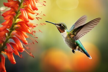 A hummingbird hovering near a vibrant flower.