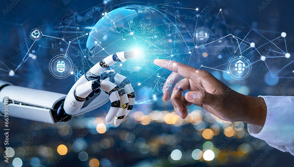 Poster ai, machine learning, hands of robot and human touching big data of global network connection, inter