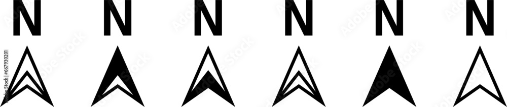 Poster basic black and white north arrow sign symbol icon set for map orientation. vector image.