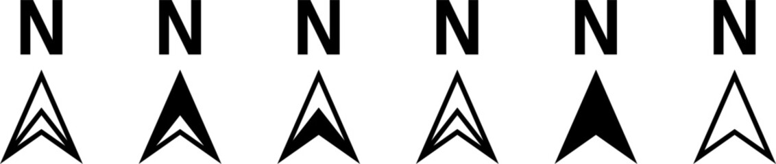 Basic Black and White North Arrow Sign Symbol Icon Set for Map Orientation. Vector Image.
