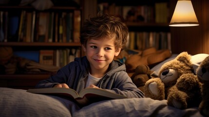 A young boy reading a book in bed with a bear. Generative AI. - Powered by Adobe