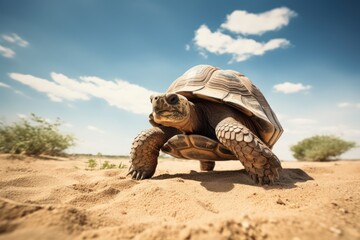 A tortoise slowly journeying across a sandy path. - obrazy, fototapety, plakaty