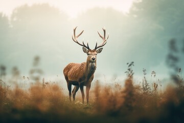 A wild deer grazing in a misty morning meadow.