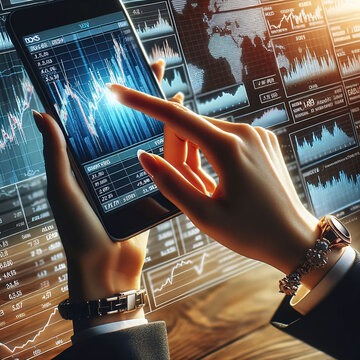 Photo set in a room bathed in daylight capturing a businesswoman's hand, adorned with a bracelet, pointing to a digital screen displayed graph of stock market
