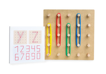 Wooden geoboard with colorful rubber bands and instruction isolated on white. Educational toy for motor skills development