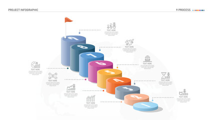 Bar chart circle 3d and icons for your Business reports and financial data presentation. Infographics elements diagram with 9 steps, options, Vector illustration.
