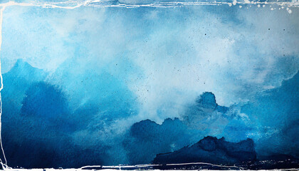 blue watercolor background texture, abstract painted white clouds with pastel blue border grunge