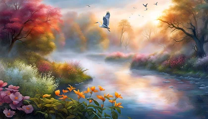 Foto op Canvas watercolor illustration of a landscape with flowers, branches, trees, river and birds against the sky © Perecciv