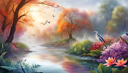 Obraz na płótnie Canvas watercolor illustration of a landscape with flowers, branches, trees, river and birds against the sky