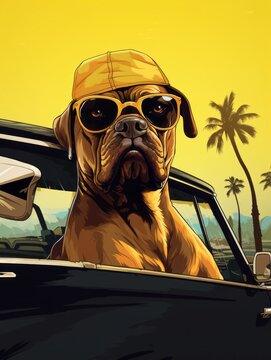Cool dog in sunglasses and backwards cap riding in convertible car. Funny mastiff enjoys summer vacation with palm trees and yellow sky. Vector-style illustration.