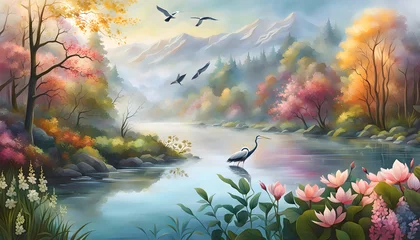 Tuinposter watercolor illustration of a landscape with flowers, branches, trees, river and birds against the sky © Perecciv