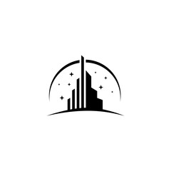 Skyscraper city building silhouette logo design decorated with stars and moon