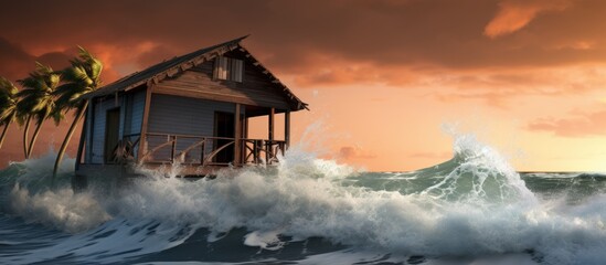 The caribbean beach hut is in danger as a hurricane approaches with raging seas stormy skies and crashing waves