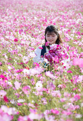 コスモス畑で秋桜を摘む女性