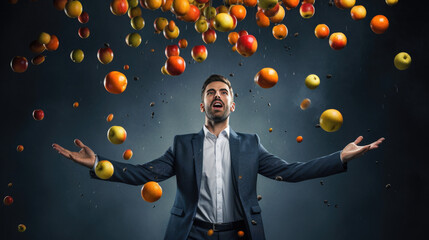 Business man juggling fruit, too many balls up in the air concept, priorities  - obrazy, fototapety, plakaty