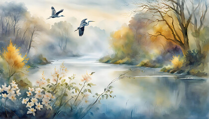 Fototapeta premium Digital watercolor illustration of a foggy morning with a river, flowers, branches, herons standing in the water and flying falling leaves
