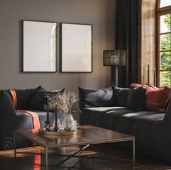 Home mockup, modern dark home interior background, 3d render