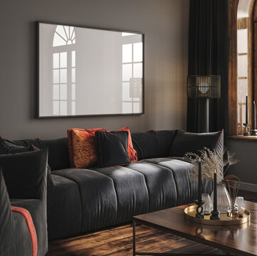 Home mockup, modern dark home interior background, 3d render