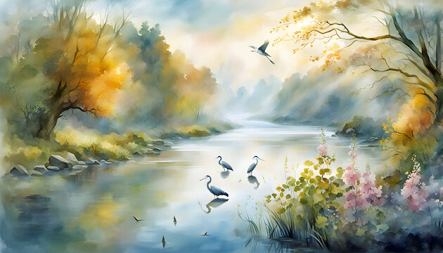 Digital watercolor illustration of a foggy morning with a river, flowers, branches, herons standing in the water and flying falling leaves