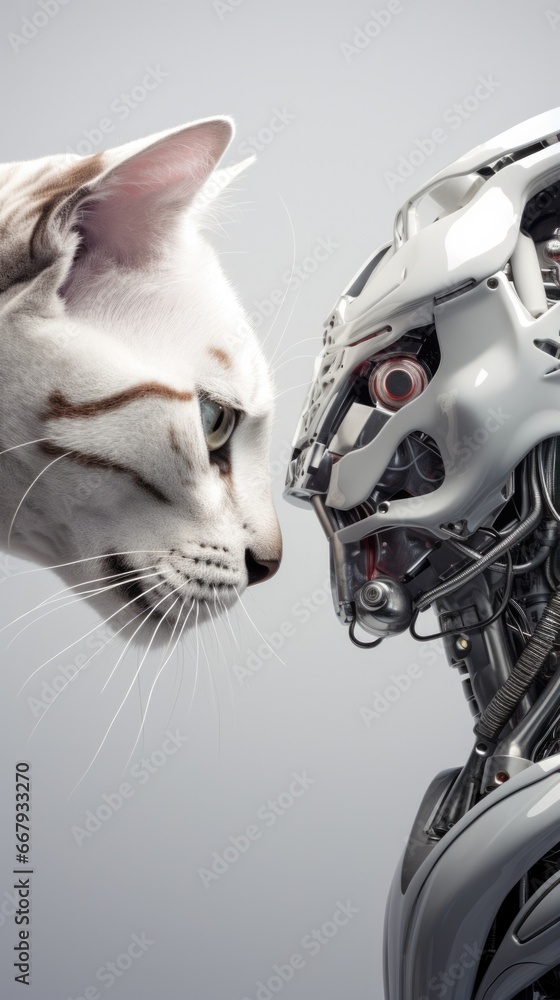 Poster a cat looking at a robot's face. generative ai.