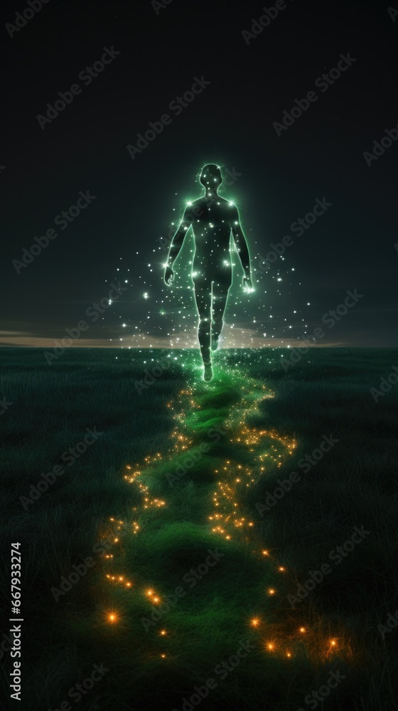 Poster a person walking on a path in a field at night. generative ai.