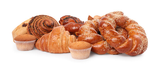 Different tasty freshly baked pastries isolated on white